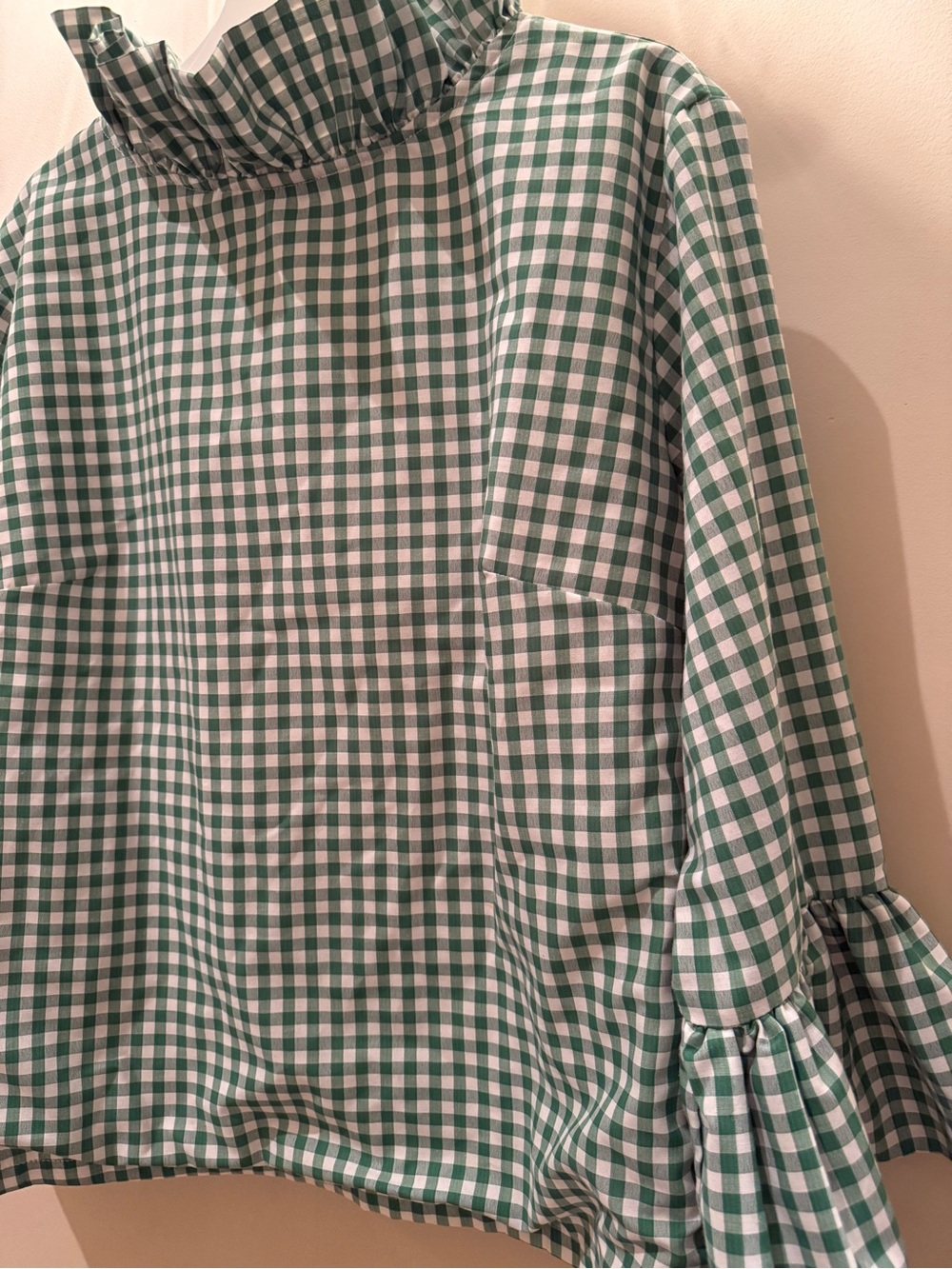 Elizabeth WILSON Green & White Gingham Ruffle-Neck Blouse Large - Picture 3 of 4